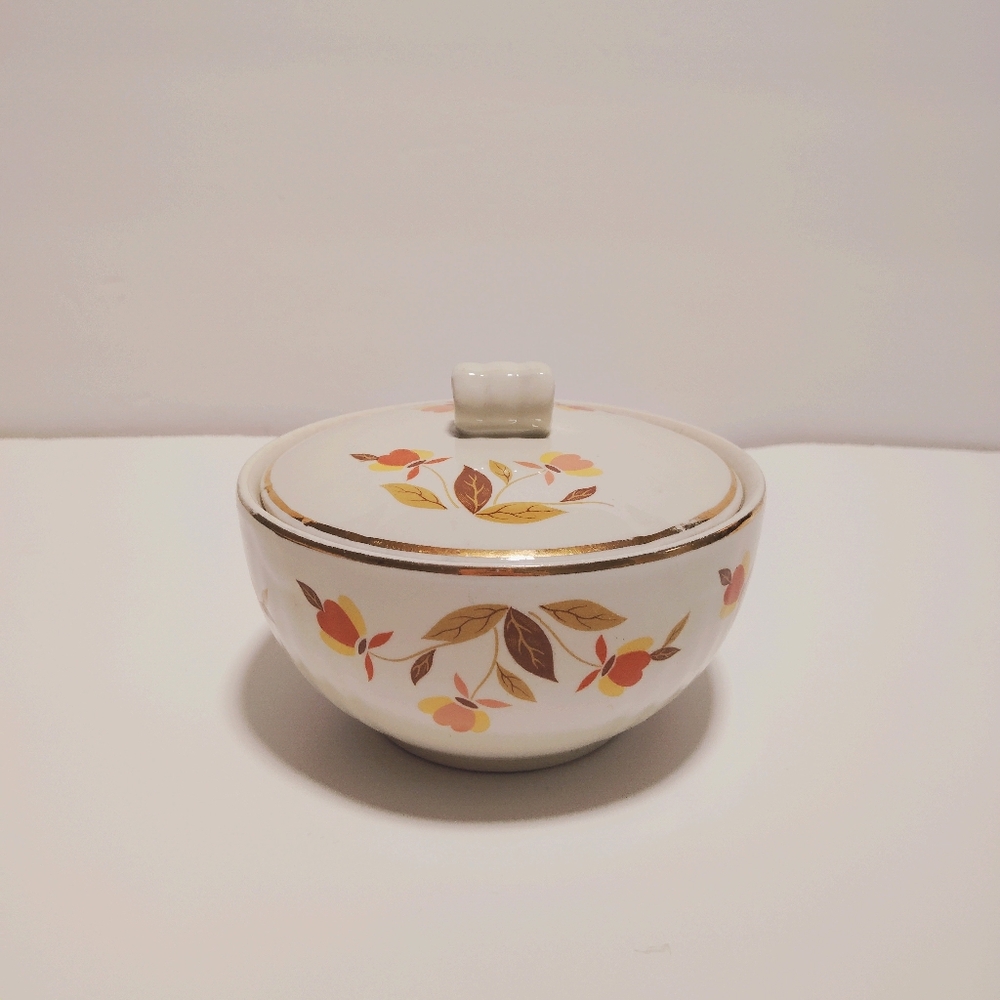 Hall's Superior Jewel Tea Autumn Leaf Drip Jar Bowl w/Lid Gilding Vtg Farmhouse - Picture 3 of 11